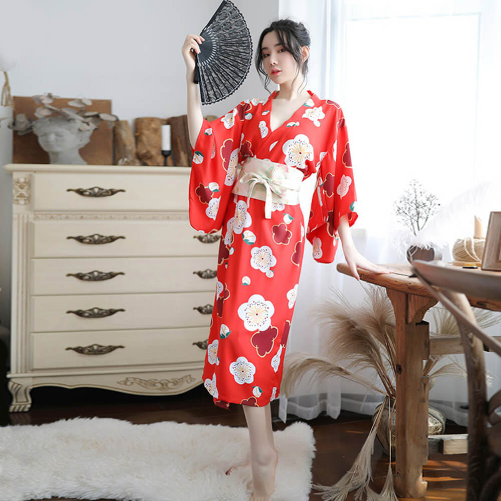 Japanese Sakura Girl Kimono Sleepwear Deep V-neck Satin Floral Printed Nightwear Bath Robe Costume