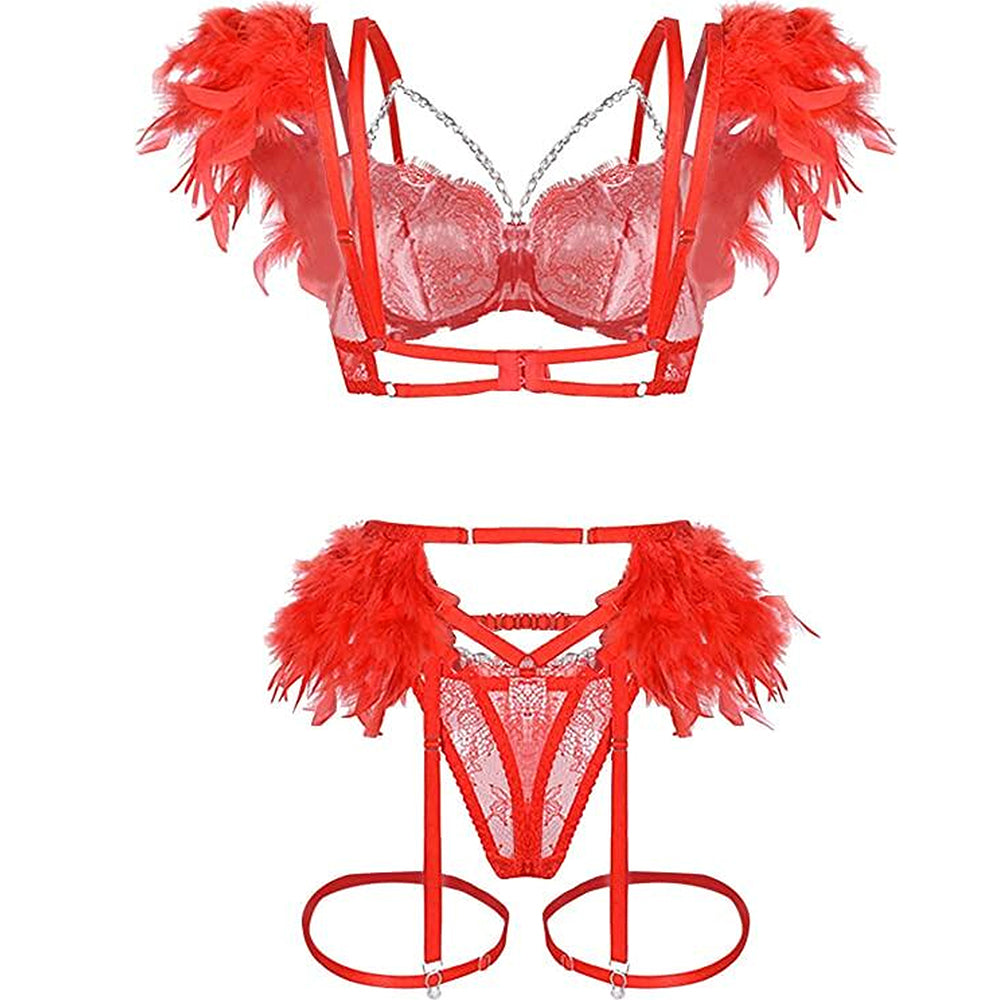 Sexy Strappy Eyelash Lace Lingerie Set Metal Chain Feather Garter Belt Set