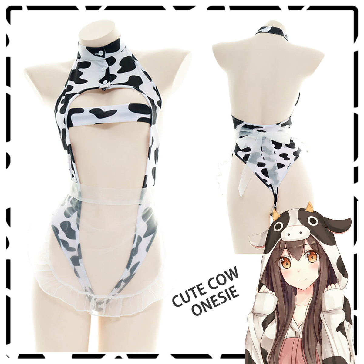 Sexy Cow Print Maid Anime Lingerie Lolita Japanese Hollow Out Cosplay Costume