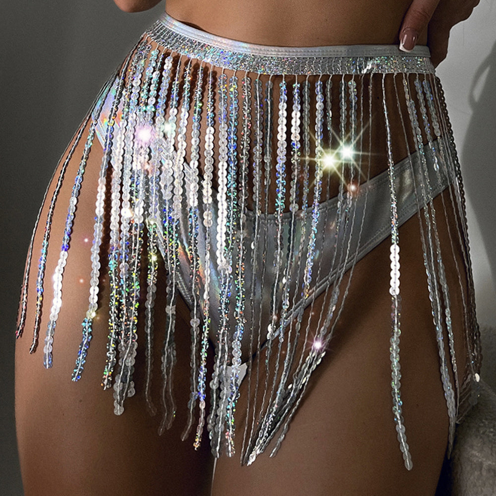3 Piece Bikini Sets Metallic Sequin Bathing Suit Micro Bra Top Sequin Tassels Cover Up Skirt