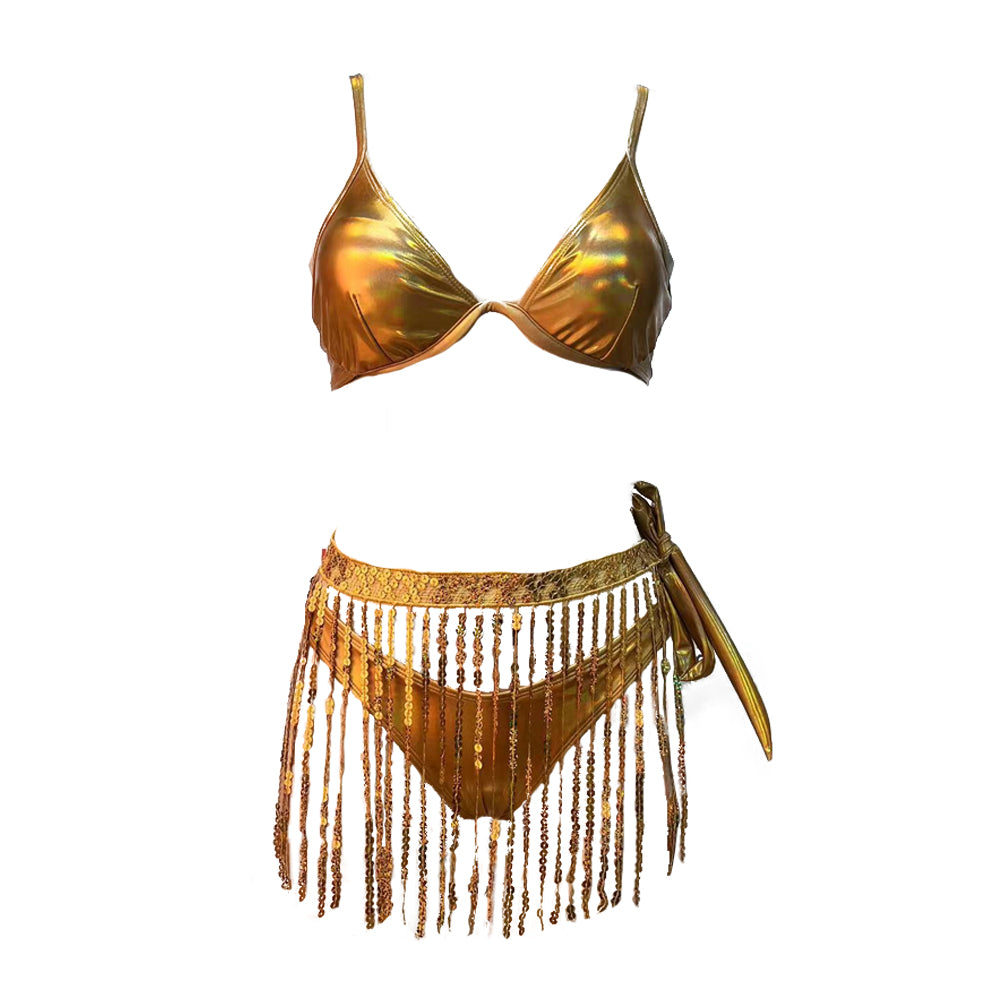 3 Piece Bikini Sets Metallic Sequin Bathing Suit Micro Bra Top