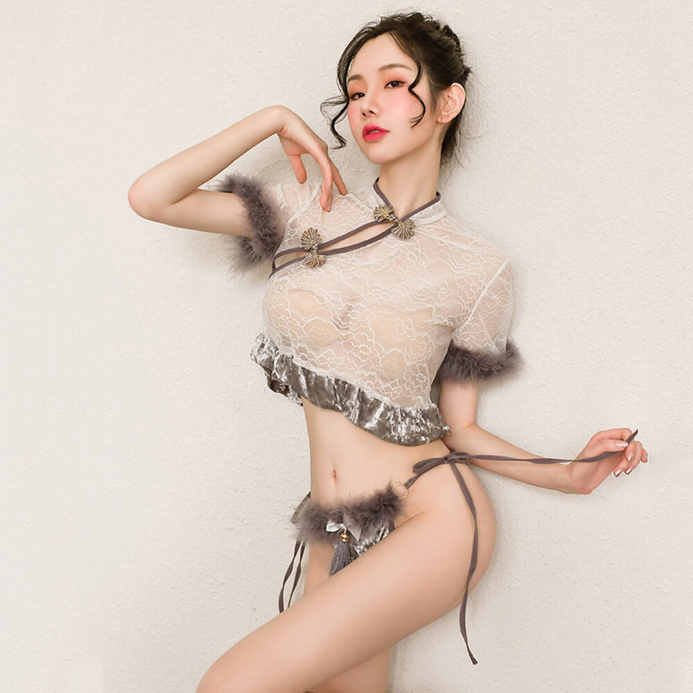 2 Colors Chinese Cheongsam Lingerie Set Lace See Through Ruffle Anime Cosplay Costume