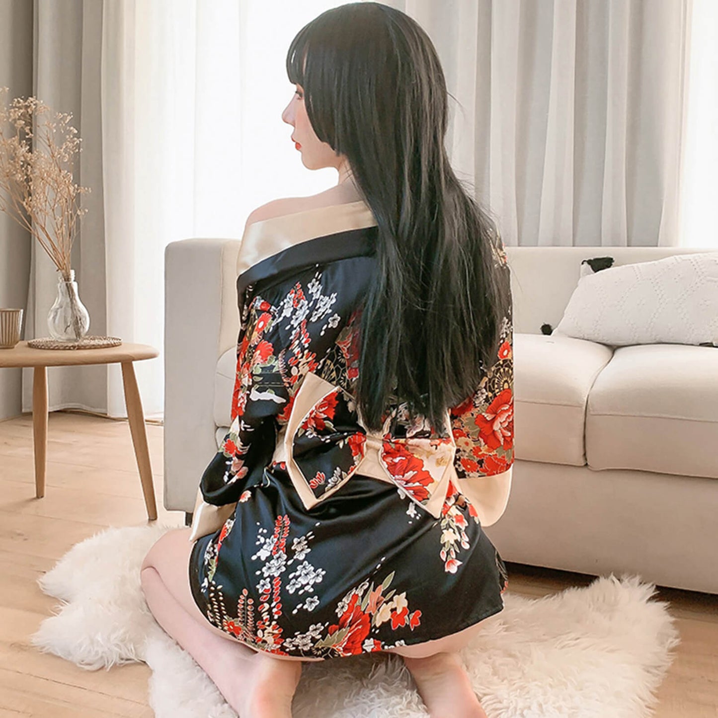 2 Colors Women's Tradtional Japanese Yukata Kimono Flower Print Short Kimono Cosplay Costume