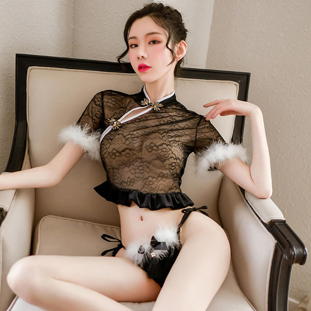 2 Colors Chinese Cheongsam Lingerie Set Lace See Through Ruffle Anime YOMORIO 2 Colors Chinese Cheongsam Lingerie Set Lace See Through Ruffle Anime YOMORIO