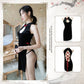 Sexy Hot Cheongsam Side Split Velvet Cross Straps Back Lingerie Costume