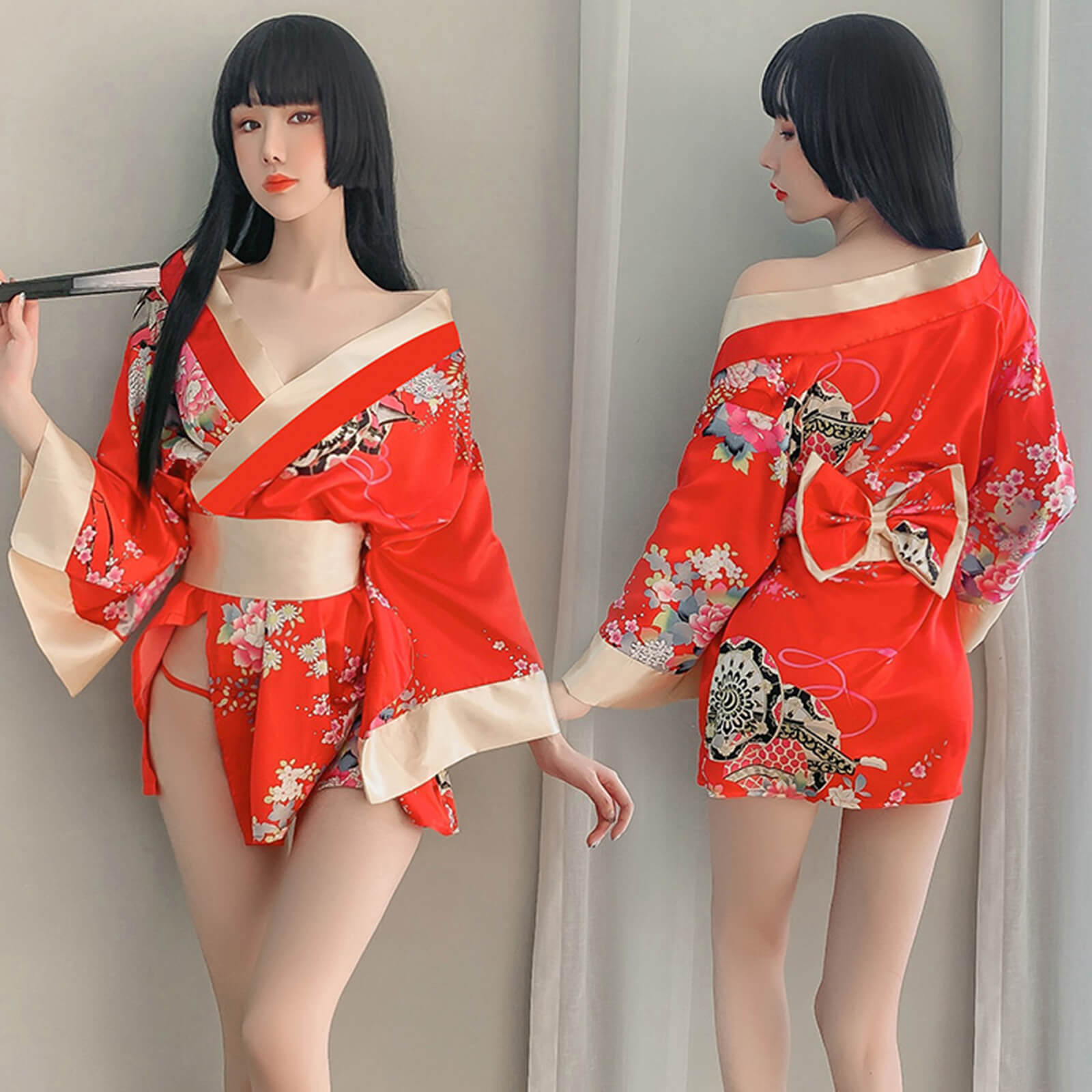 2 Colors Women's Tradtional Japanese Yukata Kimono Flower Print Short Kimono Cosplay Costume