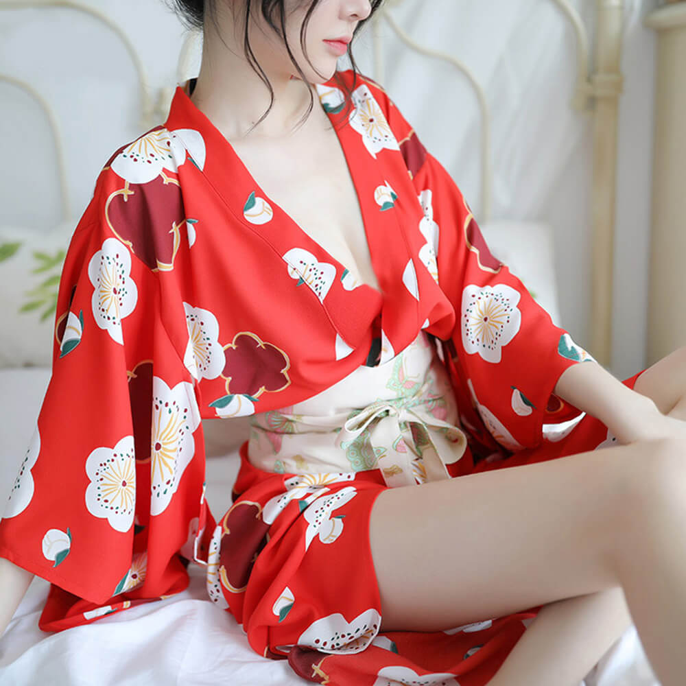 Japanese Sakura Girl Kimono Sleepwear Deep V-neck Satin Floral Printed Nightwear Bath Robe Costume