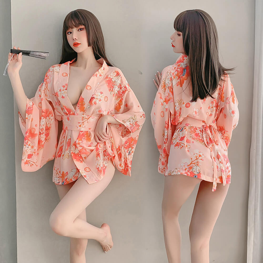 Traditional Japanese Cute Printed Bandage Kimono Style Robe Yukata Costumes Pajamas