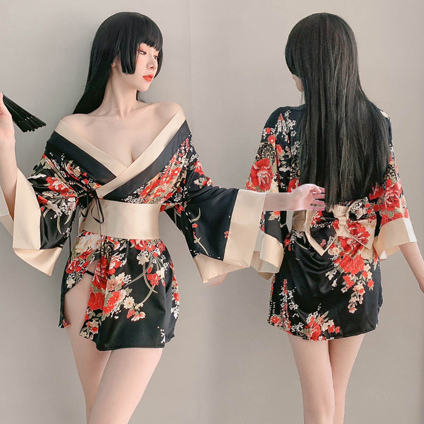 2 Colors Women's Tradtional Japanese Yukata Kimono Flower Print Short Kimono Cosplay Costume