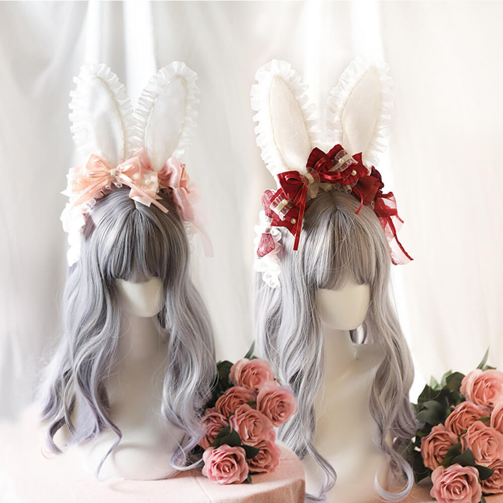 Lolita Hair Accessory Headband Cute Bunny Ears Bow Lace Cosplay Headwear