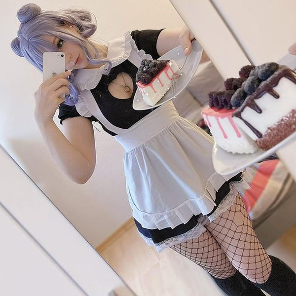 French Maid Uniform Cat Cosplay Lingerie Costume Cute Keyhole Nightwea ...