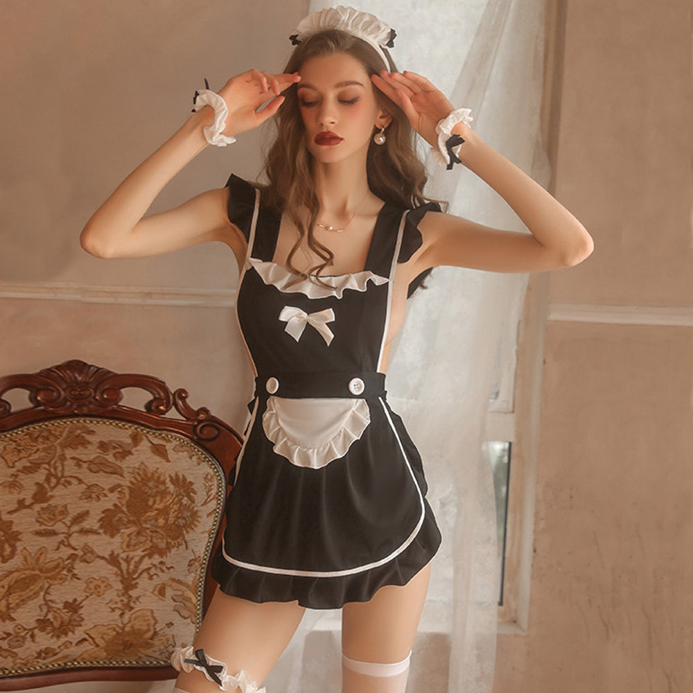 Yomorio Anime French Maid Lingerie Costume Backless Lolita Cosplay Apron  Babydoll Dress