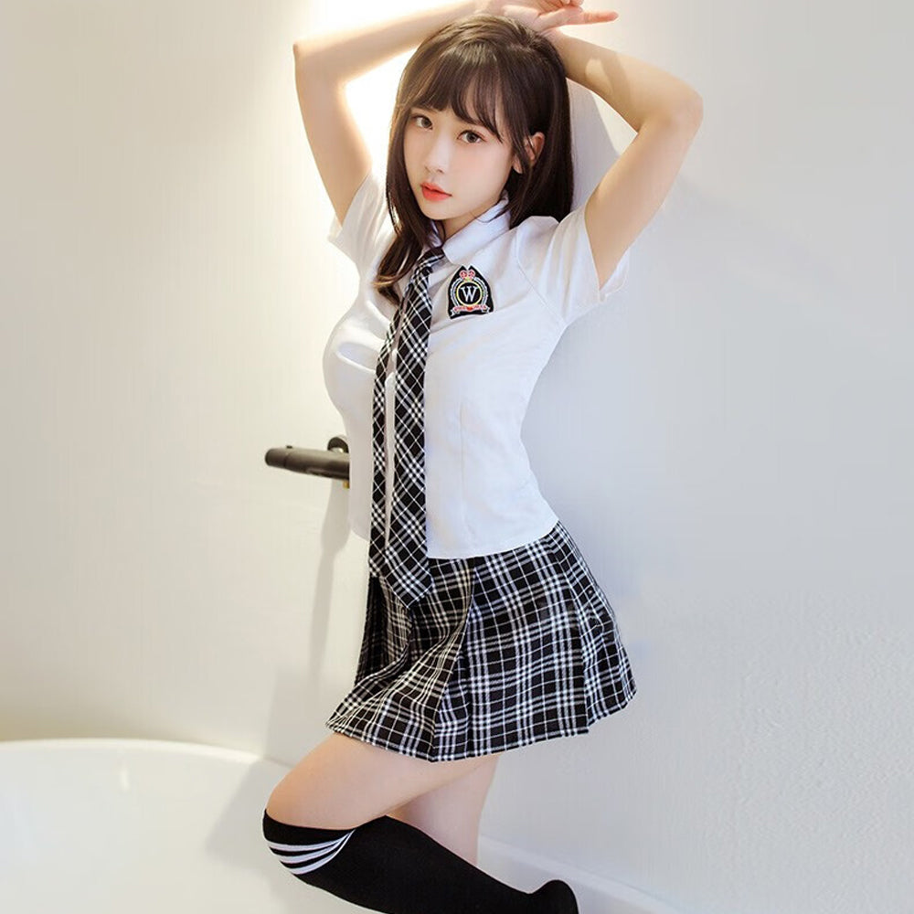 Anime School Girl Costume Japanese Schoolgirl Uniform Cosplay Lingerie White Shirt and Plaid Mini Skirt