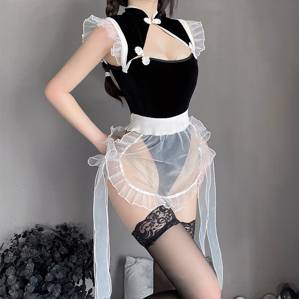 Yomorio Chinese Maid Lingerie Set Sexy Hollow Out Anime Bodysuit