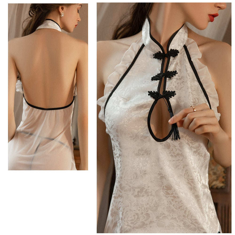 Classic Cosplay Lingerie Jacquard Side Slit Backless Exotic Nightgown Chinese Cheongsam Dress