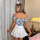 Cow Cosplay Costume Cow Print Maid Roleplay Outfit Off Shoulder Puff Sleeve Apron Dress