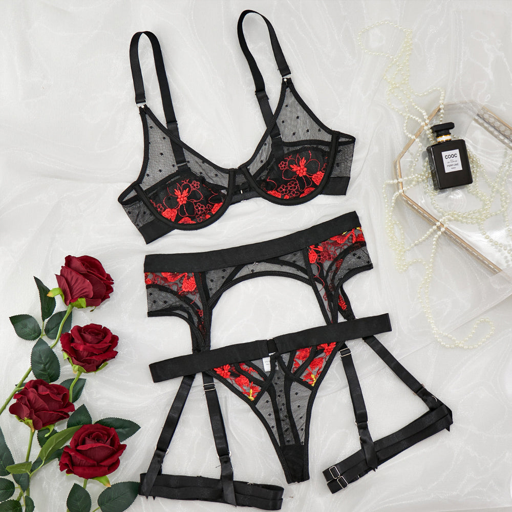 Yomorio Black Lace Lingerie Set | Embroidery Floral Bra and Panty