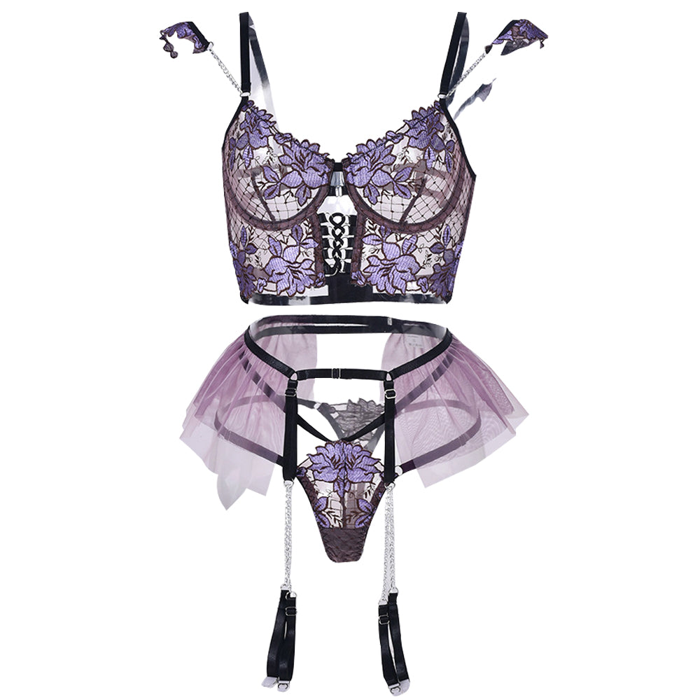 Floral Embroidered Lingerie Set – Bra, Garter Belt & Pants