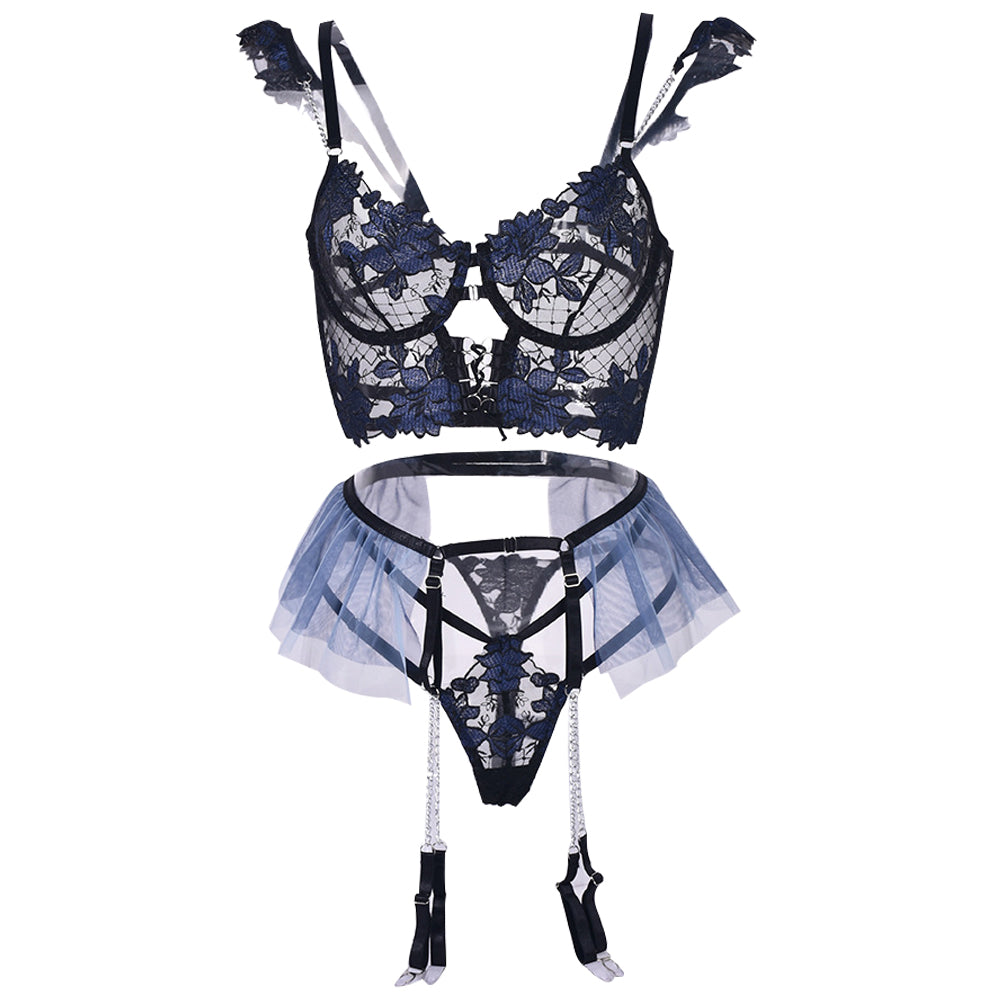 Shop Aoao Floral Lace Strappy Bra And Panty Set With Garter Belt for women