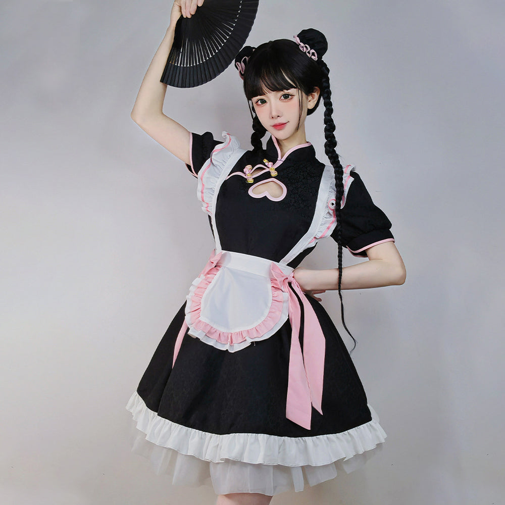 Anime French Maid Outfit Lolita Cosplay Dress Chinese Traditional Cheongsam Style Lolita Dress