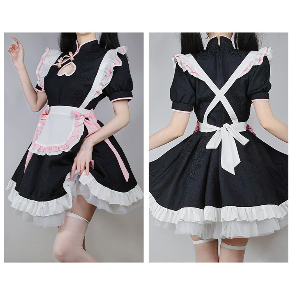 Anime French Maid Outfit Lolita Cosplay Dress Chinese Traditional Cheongsam Style Lolita Dress