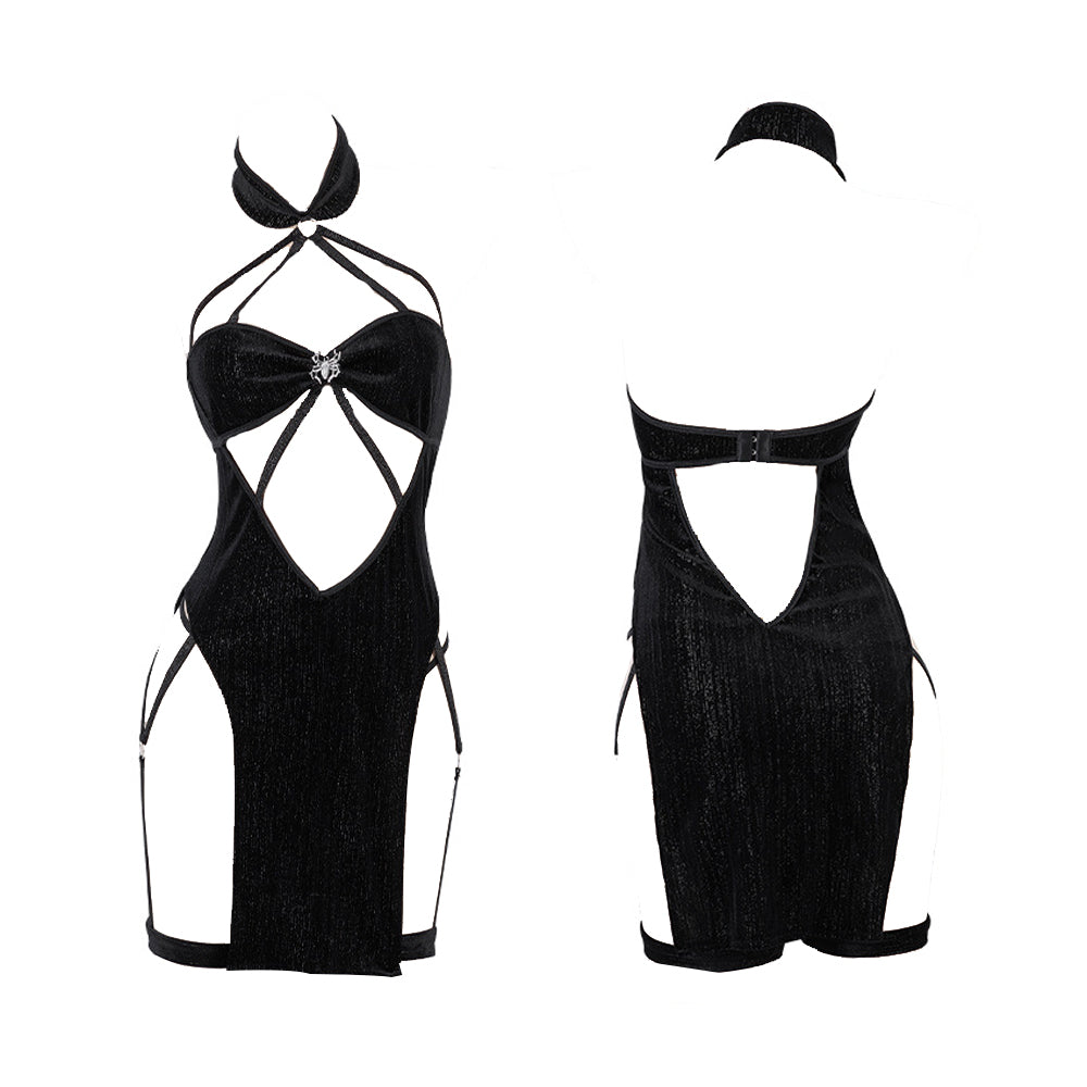 Yomorio Sexy Chinese Strappy Dress Black Anime Lingerie Cosplay Costume High Slit Clubwear Party Outfits