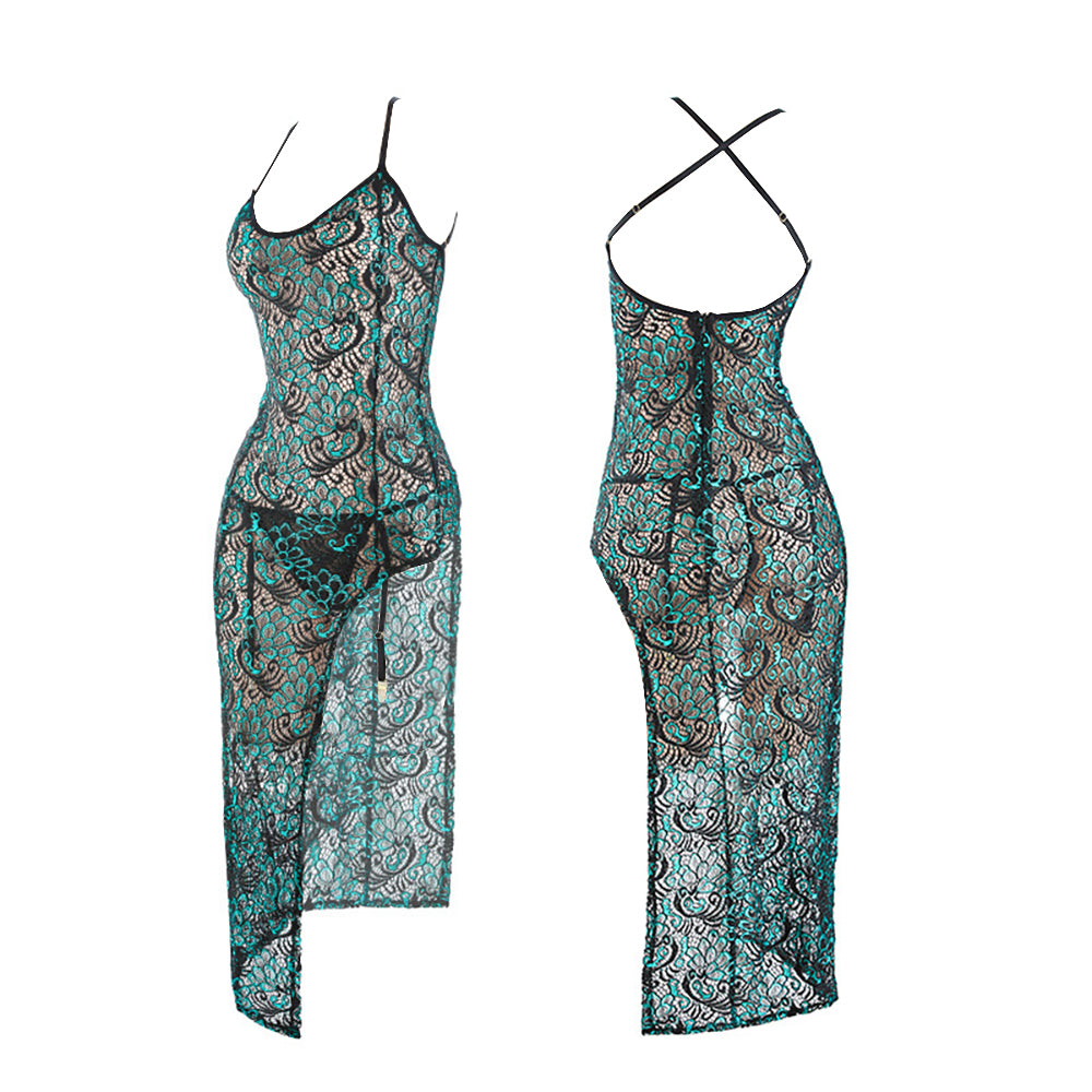 Hollow Cheongsam Dress Embroidery Peacock Lace Chemise Set Chinese Qip YOMORIO Hollow Cheongsam Dress Embroidery Peacock Lace Chemise Set Chinese Qip YOMORIO