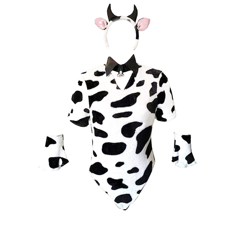 Sexy Cow Costume Back Zipper Lingerie Set Velvet Bodysuit Cosplay Outfit