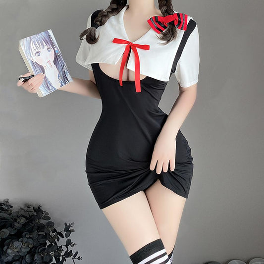Japanese Schoolgirl Lingerie Dress Colorblock Short Sleeve Lace Up Cosplay Bodycon Dress