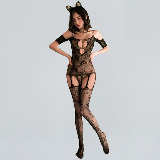 Floral Net Bodystocking Sexy Black Lace Crotchless Bodysuit Attached Stocking