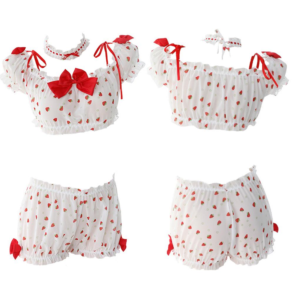Cute Lolita Cosplay Lingerie Strawberry Print Off Shoulder Crop Top and Pumpkin Shorts