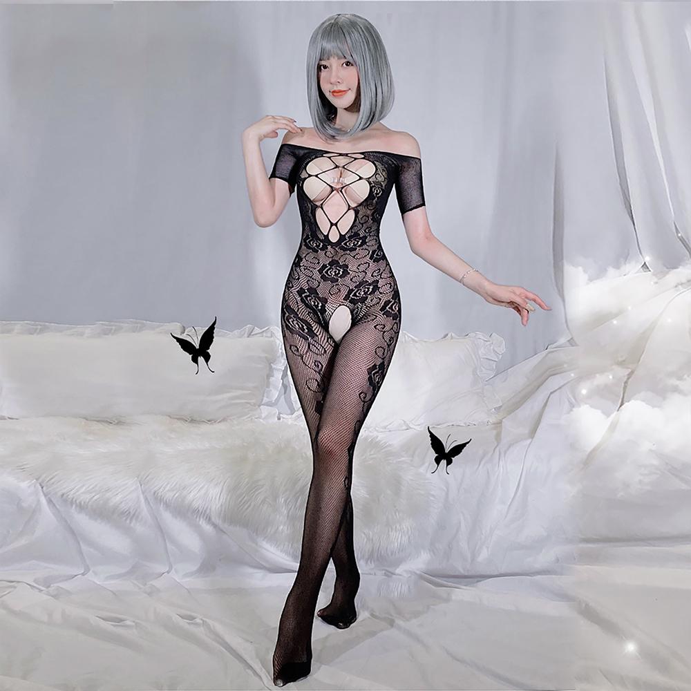 Floral Lace Bodystocking Sexy Black Hollow Crotchless Bodysuit