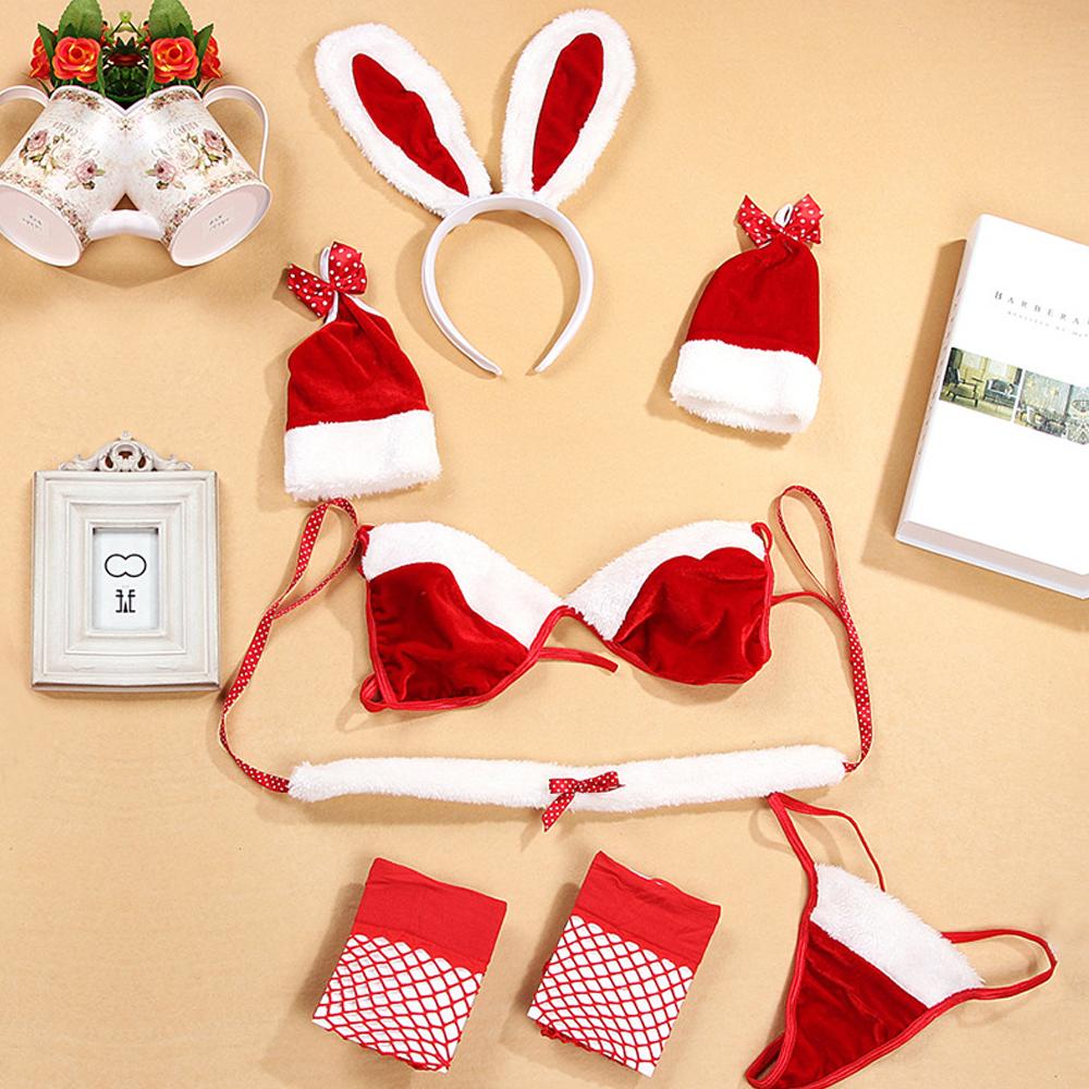 Christmas Bunny Cosplay Lingerie Set Kawaii Anime Micro Bikini Costume Red Velvet Bra and Panty