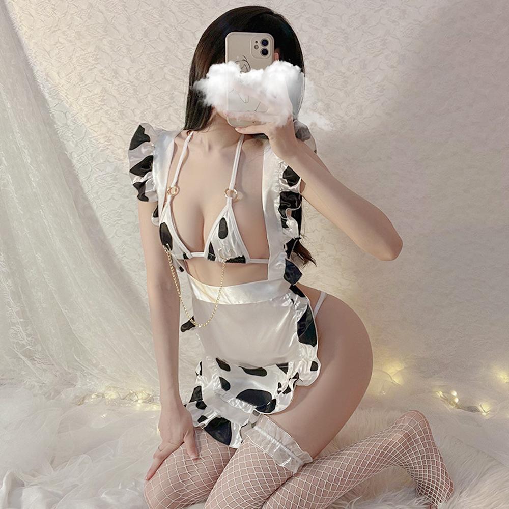 Sexy Anime Cow Costume Bikini Apron and Panty Lingerie Set Japanese Maid Cosplay Costume