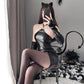 PU Leather Lingerie Dress with Stockings Cat Headgear Devil Cosplay Costume Buckle Cut Out Halter Neck Babydoll Nightdress
