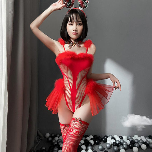 Mrs Claus Bodysuit Sexy Hollow Christmas Teddy Lingerie Red Mesh Leotard