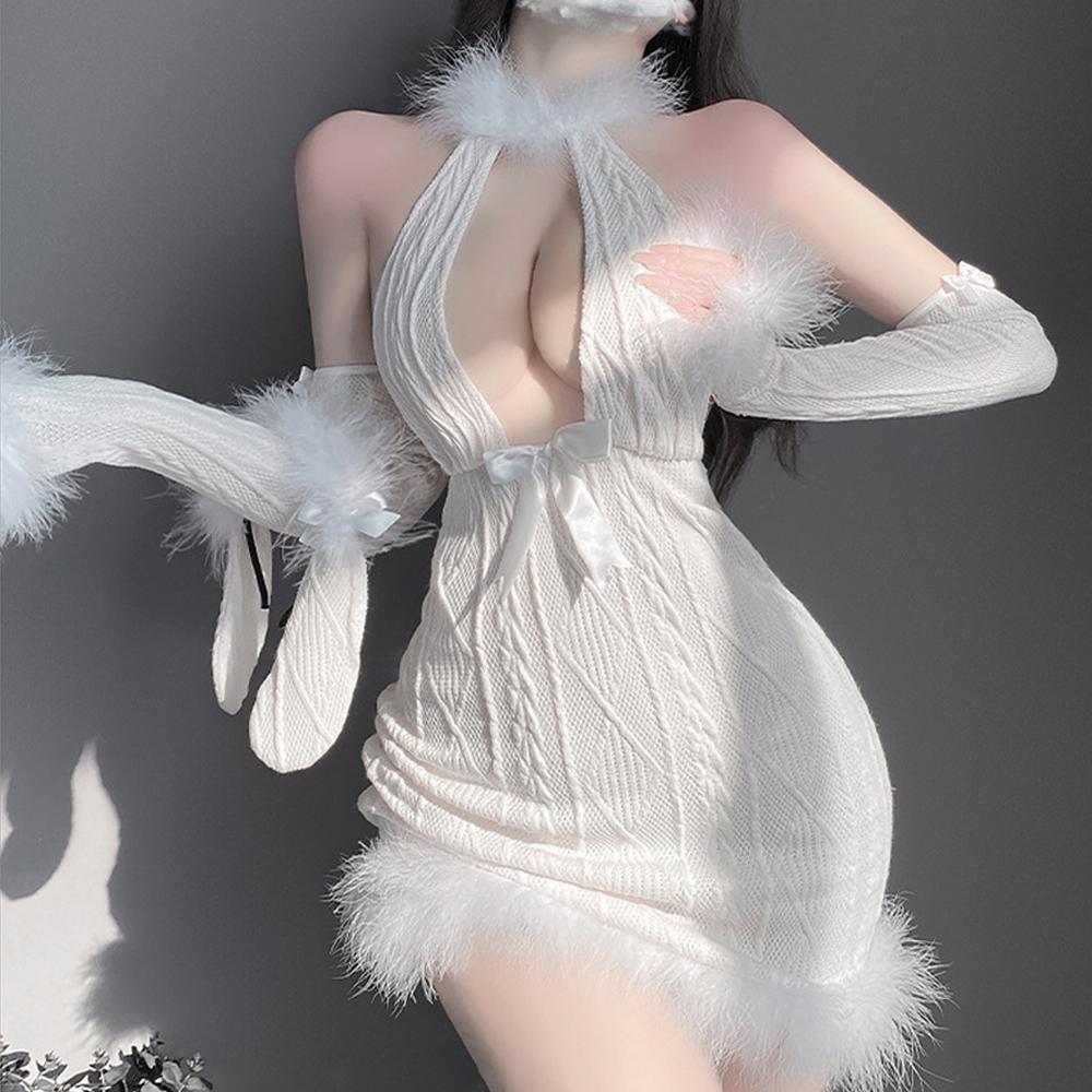 Furry Bodycon Lingerie Dress with Bunny Ear Halter V Neck Backless Sweater Dress