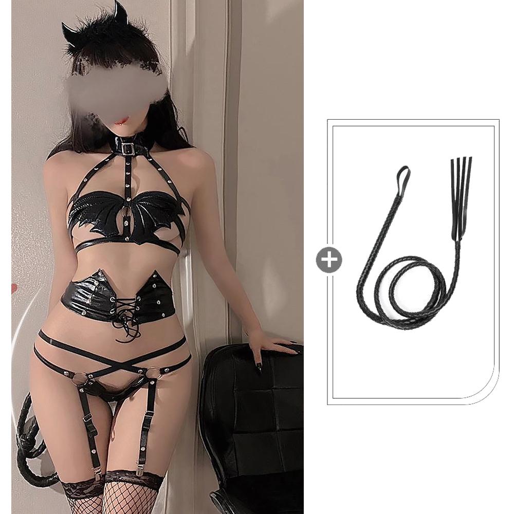 Sexy Succubus Lingerie Set Black PU Leather Devil Costume Bat Wings Demon Cosplay Outfit