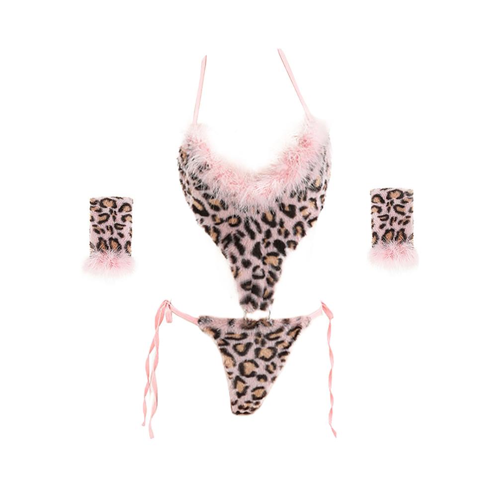Plush Leopard Bodysuit Sexy Hollow Lingerie Set Pink Velvet Tie Back One Piece Babydoll