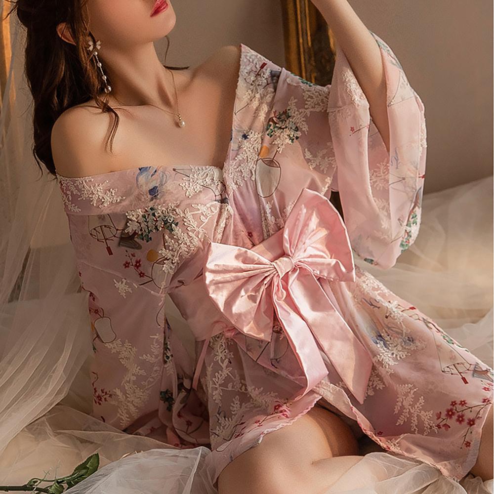 Japanese Kimono Lingerie Set Floral Print Kimono Robe Costume for Women Sexy Anime Cosplay Asian Loungewear