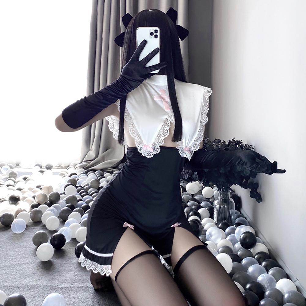 Naughty Maid Outfit Sexy Nun Cosplay Costume Lace Babydoll High Slit Bodycon Dress