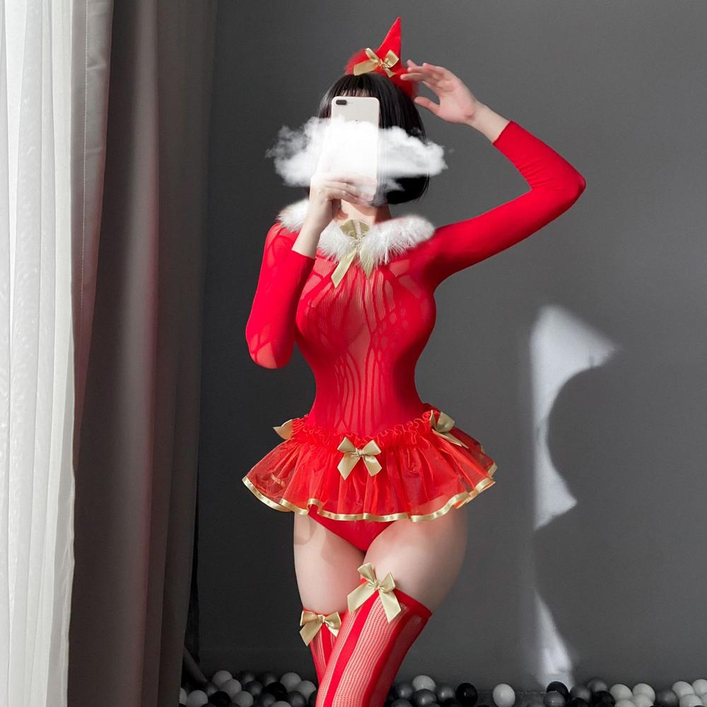 Christmas Bodysuit Sexy Mrs Claus Fishnet Lingerie Red Long Sleeve Backless Cosplay Costume