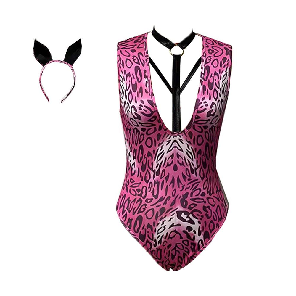 Sexy Leopard Bodysuit Pink Animal Cosplay Leotard Strappy Harness