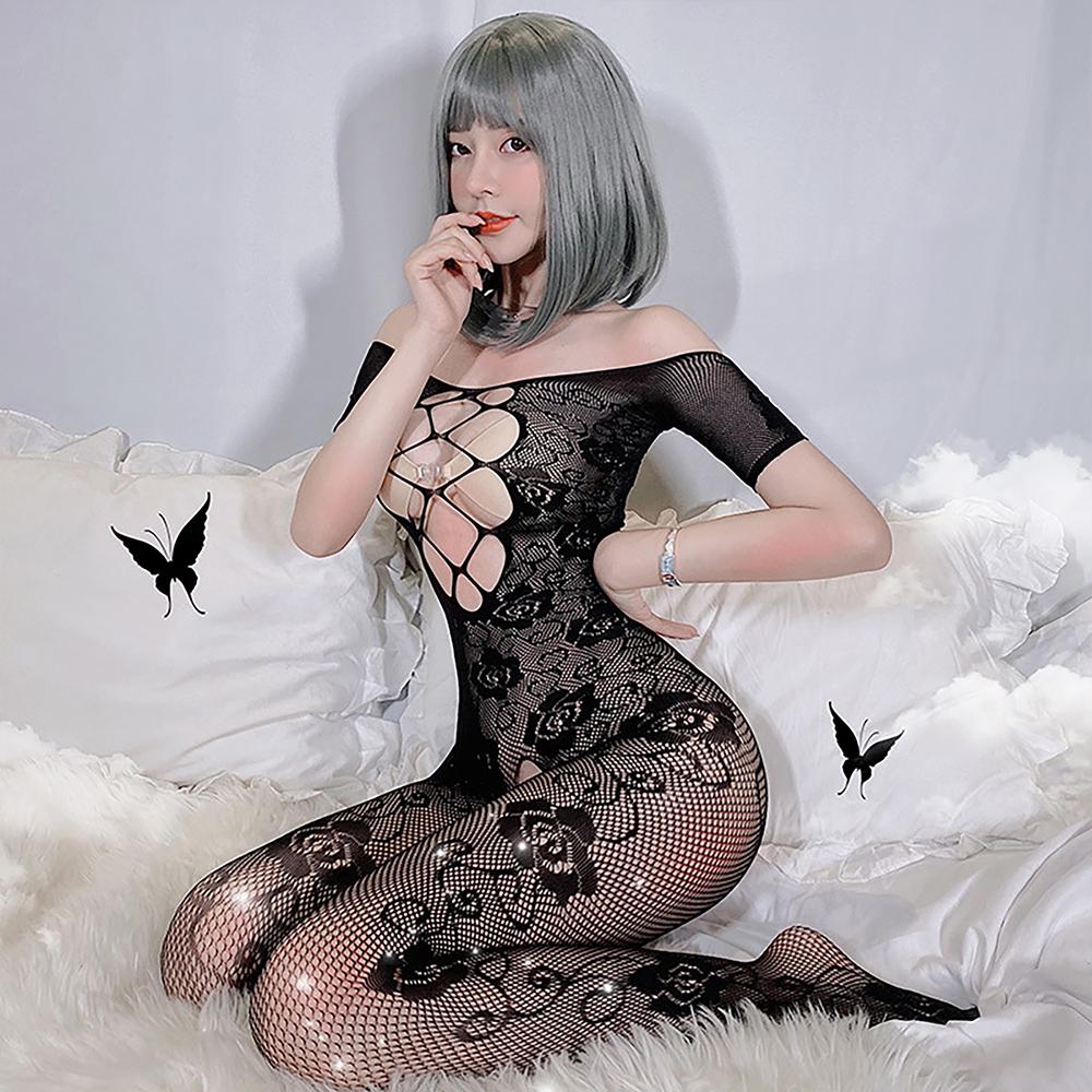 Floral Lace Bodystocking Sexy Black Hollow Crotchless Bodysuit