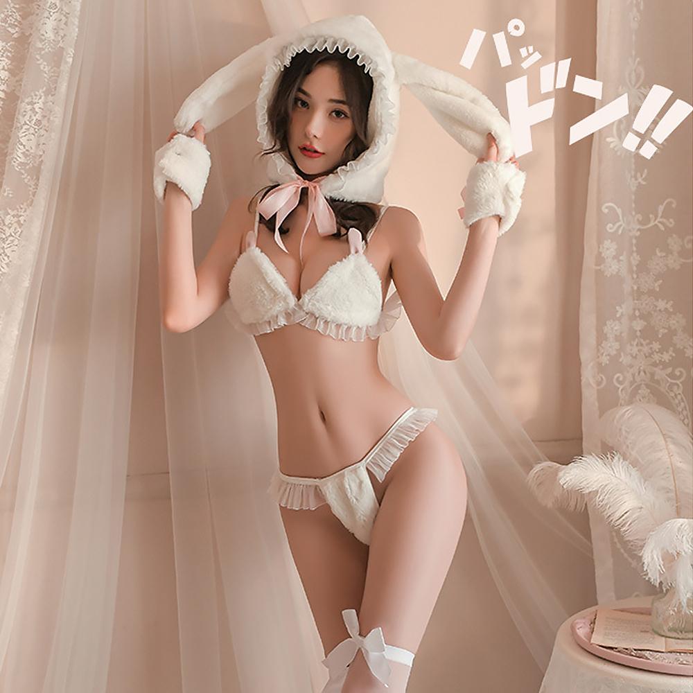 Furry Bunny Lingerie White Lace Ruffle Bra Set with Rabbit Ear Hat Sexy Christmas Costume