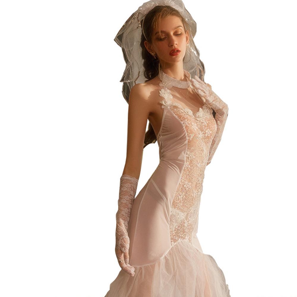 Bride Cosplay Lingerie Dress See Through Lace Bridal Wedding Costume Sexy White Mesh Nightgown Set