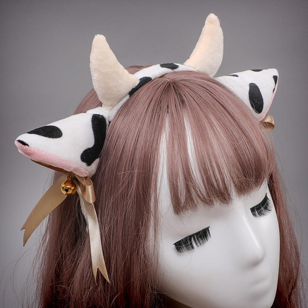 Cow Ears Headband Cow Horns Hair Hoop with Ribbon Bow Bells for Animal Cosplay Party