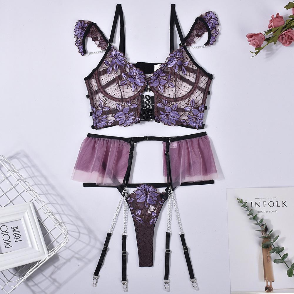 Shop Aoao Floral Lace Strappy Bra And Panty Set With Garter Belt