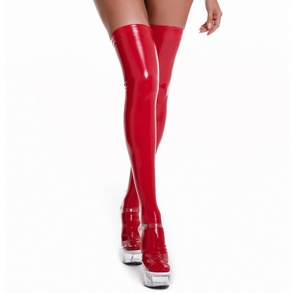 Yomorio Faux Leather Thigh High Stockings - Red & Black