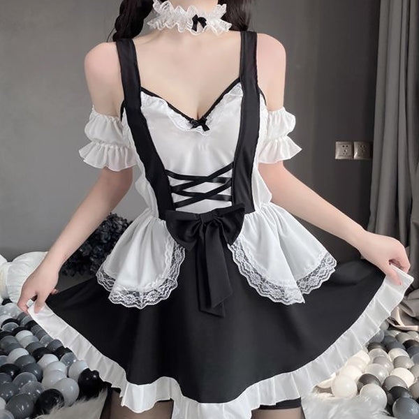 Naughty French Maid Costume Anime Lolita Cosplay Dress with Lace Choke ...